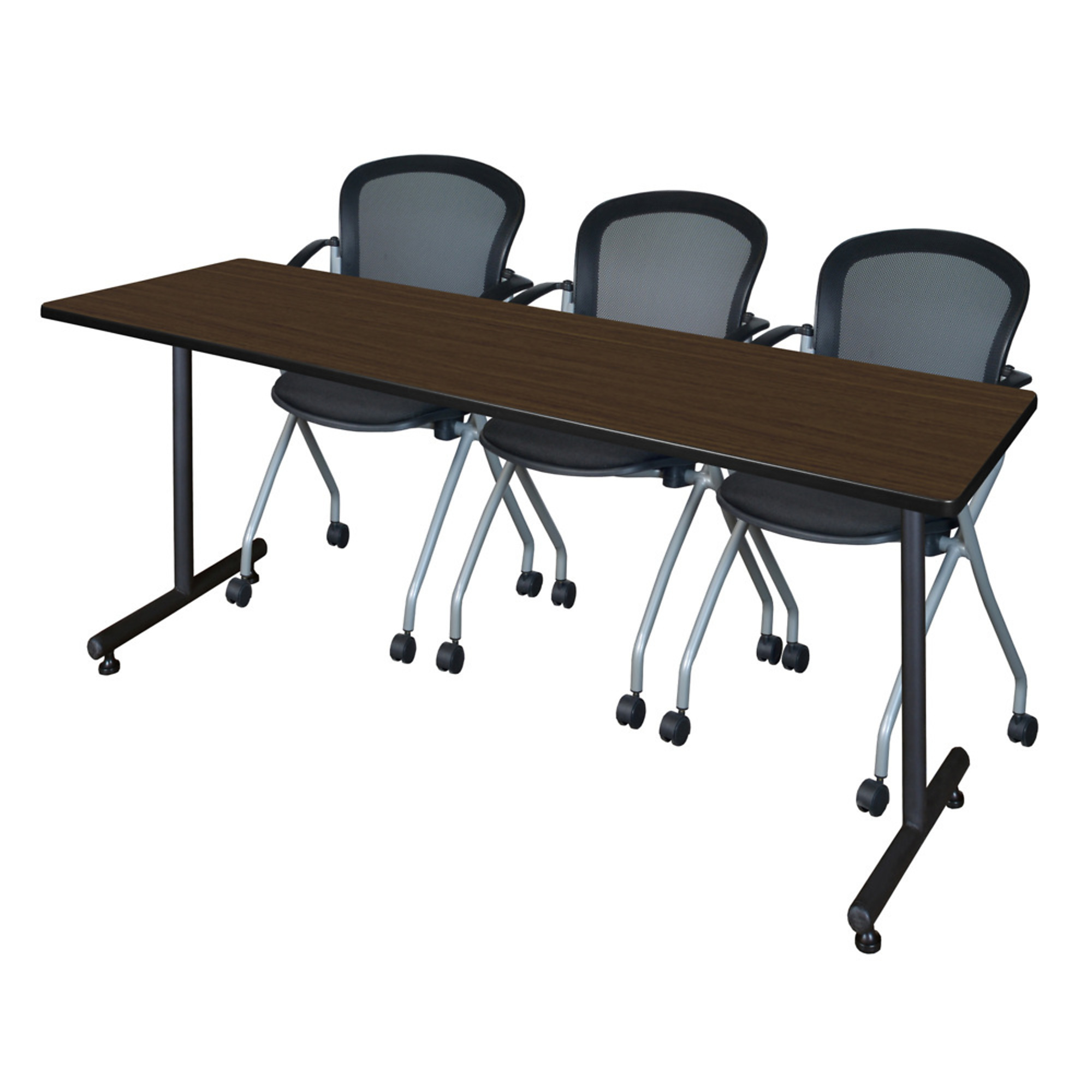 Regency Furniture Kobe Training Seminar Table with T-Base — 84in. x 24in., Neo Walnut, Includes 2 Cadence Nesting Chairs, Model# MKTRCT8424NW23BK